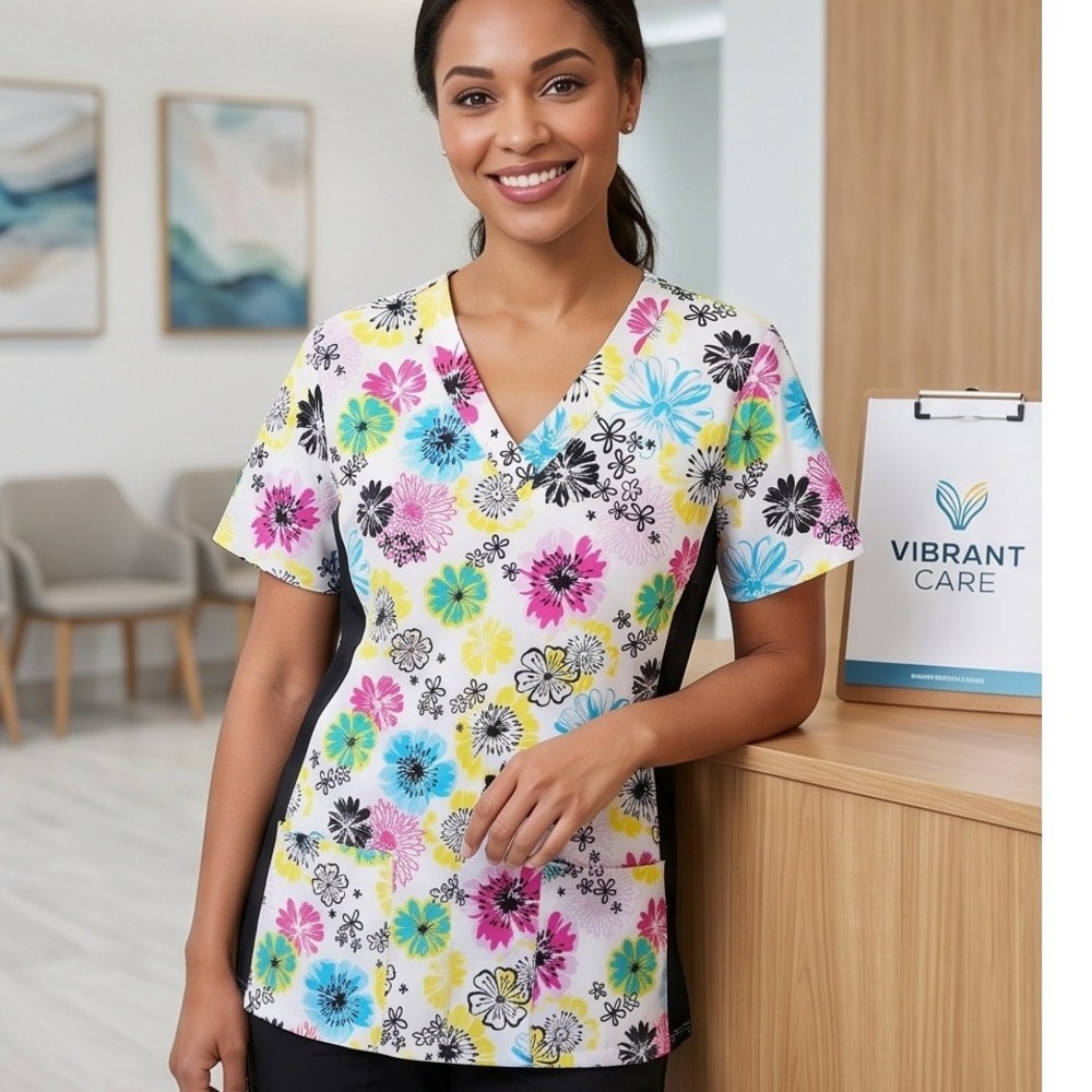 Green Town 2X Floral Scrub Top Womens White V-Neck Short Sleeve